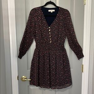 LOFT Brown Black Ruffled Fit and Flare Dress